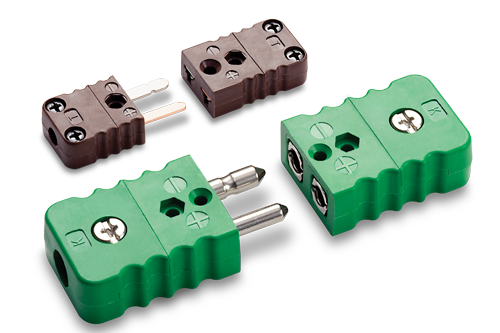 Thermocouple connectors showing miniature and standard sizes